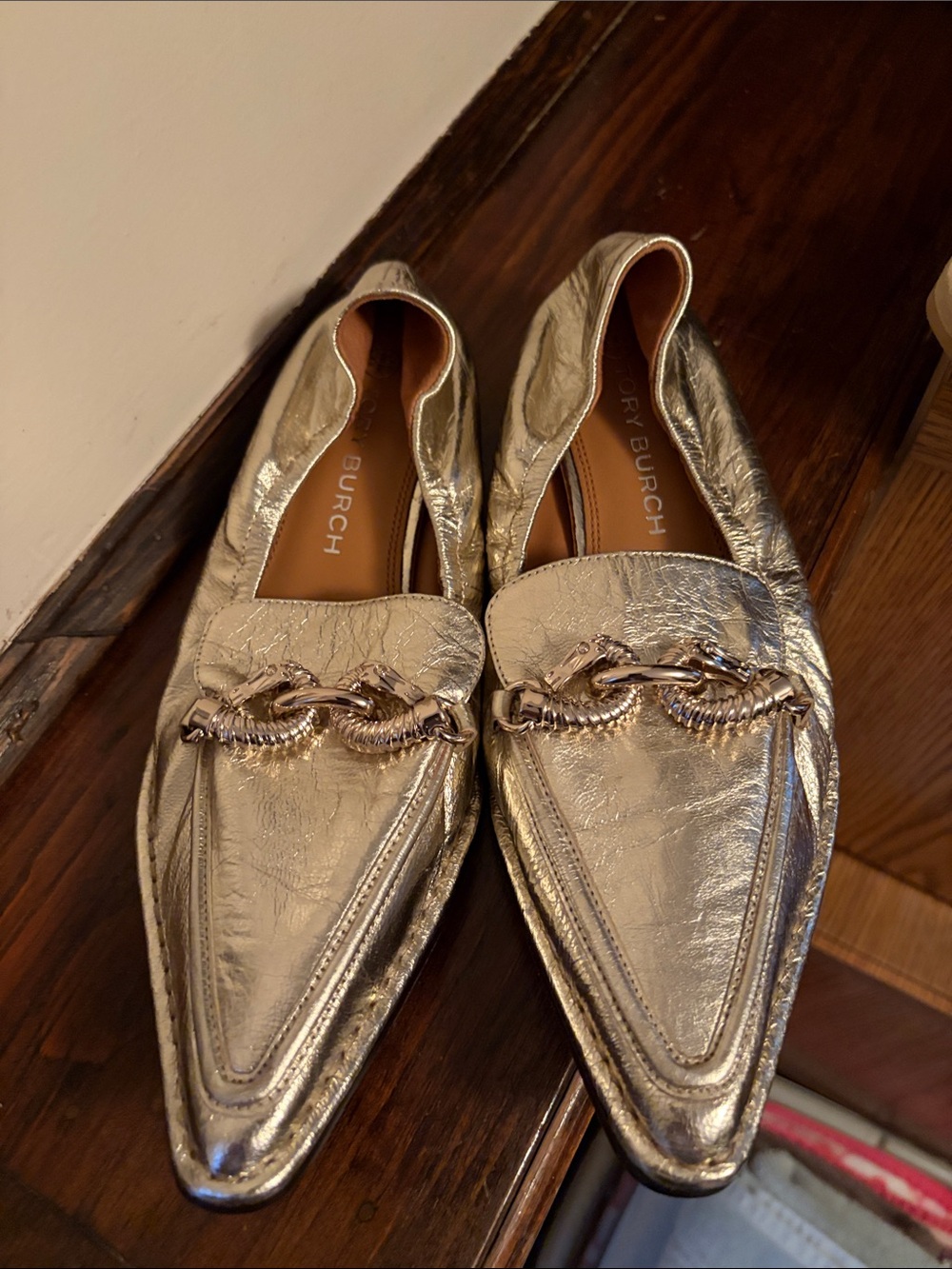 Tory Burch Metallic Gold Pointed Loafers with Chain Detail